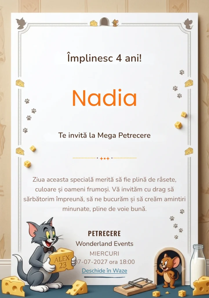 Modelul Tom și Jerry – Pisica și Șoricelul Năzdrăvan, invitație de zi de naștere pentru copii, prezintă pisică și șoricel, obiecte casnice și scenă comică minimalistă.