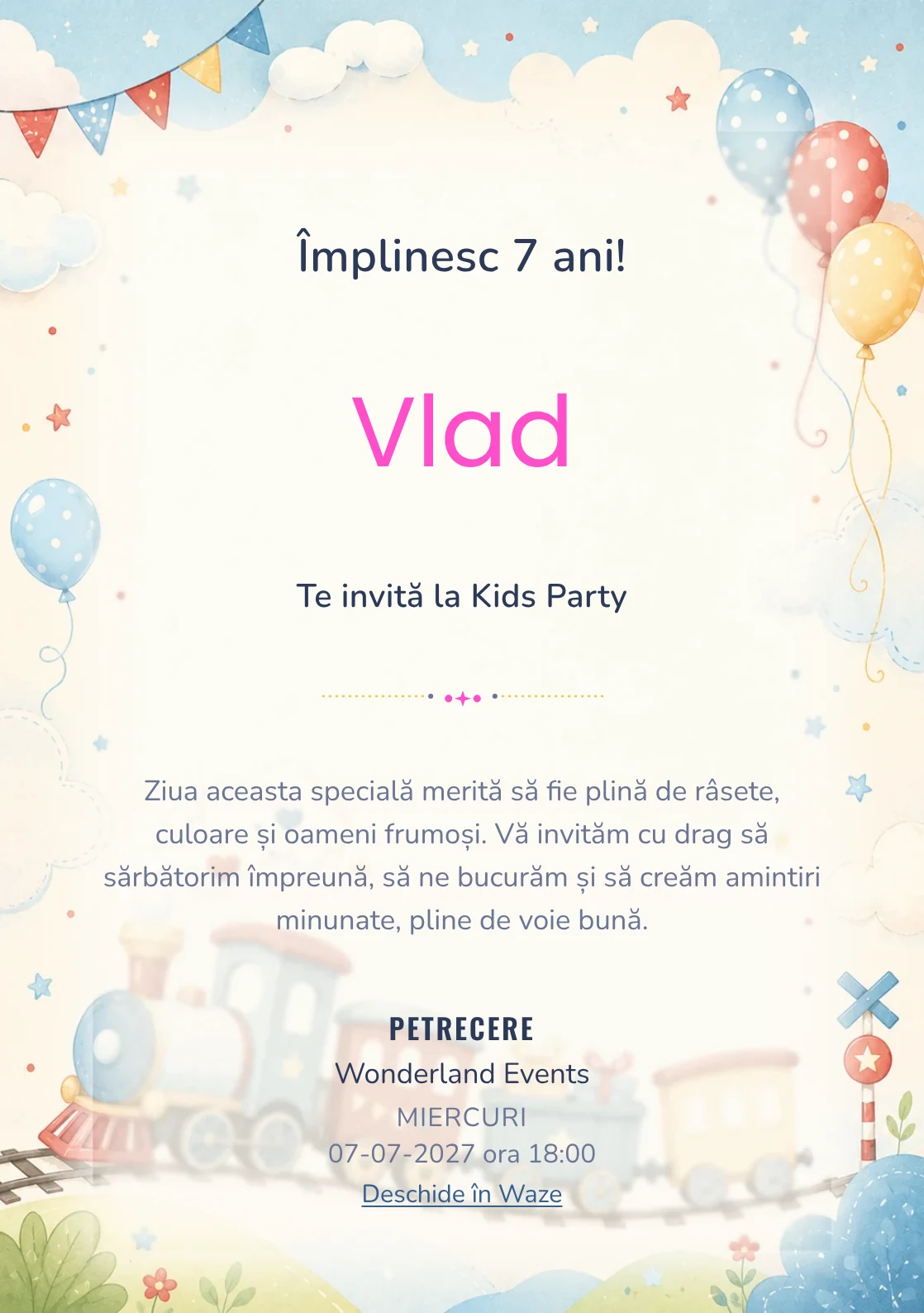 Modelul Trenuleț Vesel, invitație de zi de naștere pentru copii, prezintă un trenuleț pastel, nori și baloane.