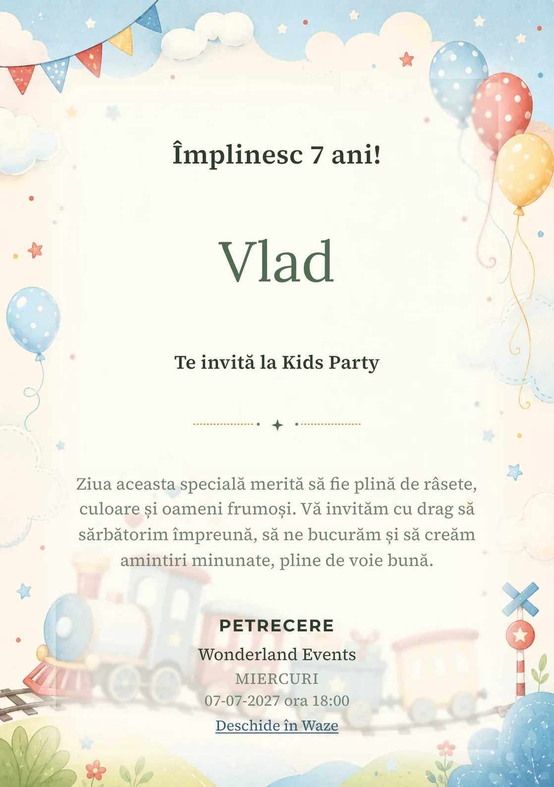 Modelul Trenuleț Vesel, invitație de zi de naștere pentru copii, prezintă un trenuleț pastel, nori și baloane.