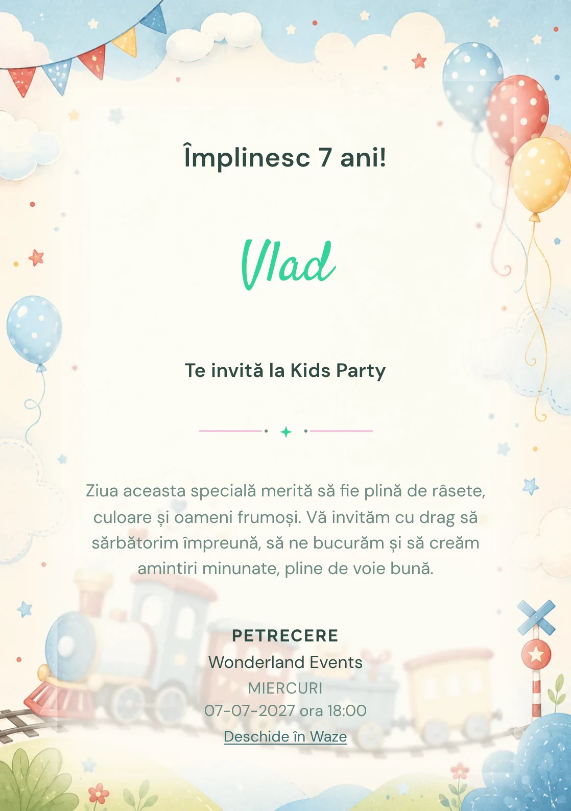 Modelul Trenuleț Vesel, invitație de zi de naștere pentru copii, prezintă un trenuleț pastel, nori și baloane.