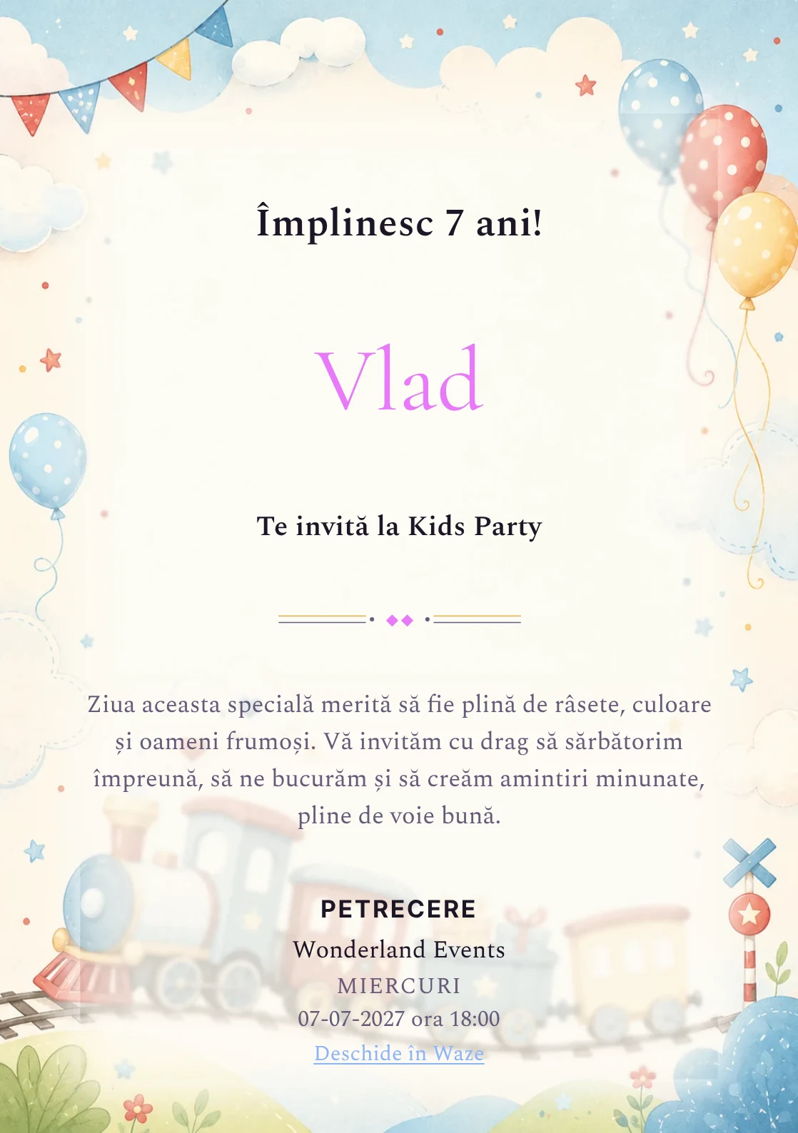 Modelul Trenuleț Vesel, invitație de zi de naștere pentru copii, prezintă un trenuleț pastel, nori și baloane.