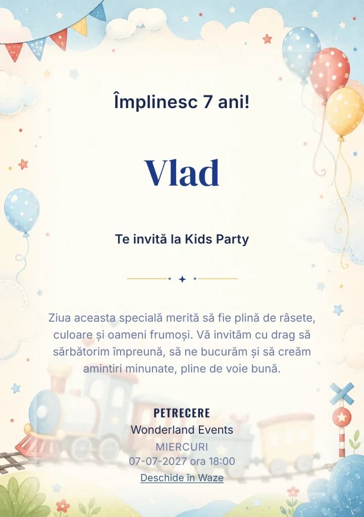 Modelul Trenuleț Vesel, invitație de zi de naștere pentru copii, prezintă un trenuleț pastel, nori și baloane.