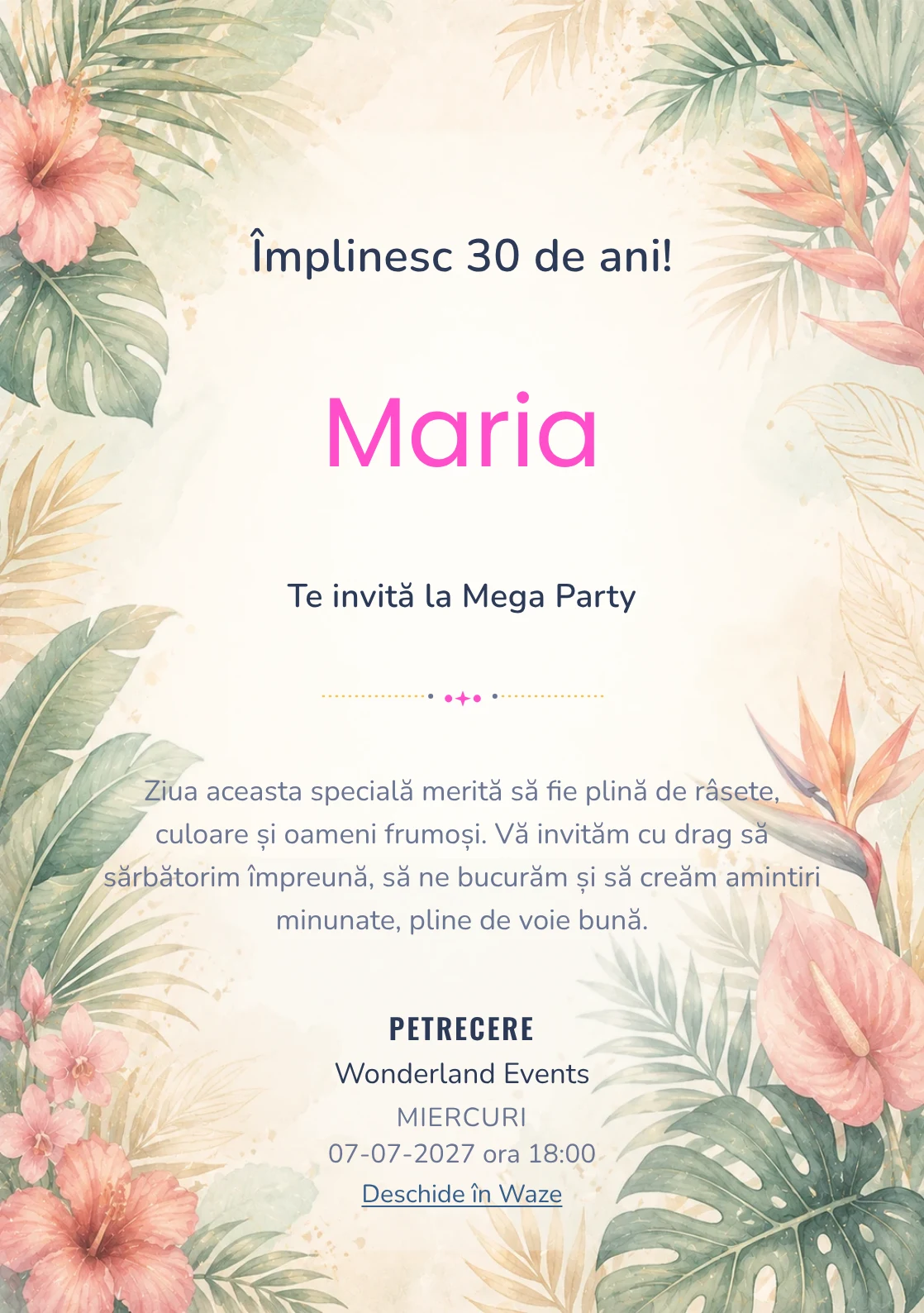 Invitație la ziua de naștere Tropical Chic pentru adulți, cu frunze de palmier, flori exotice și coral stins.