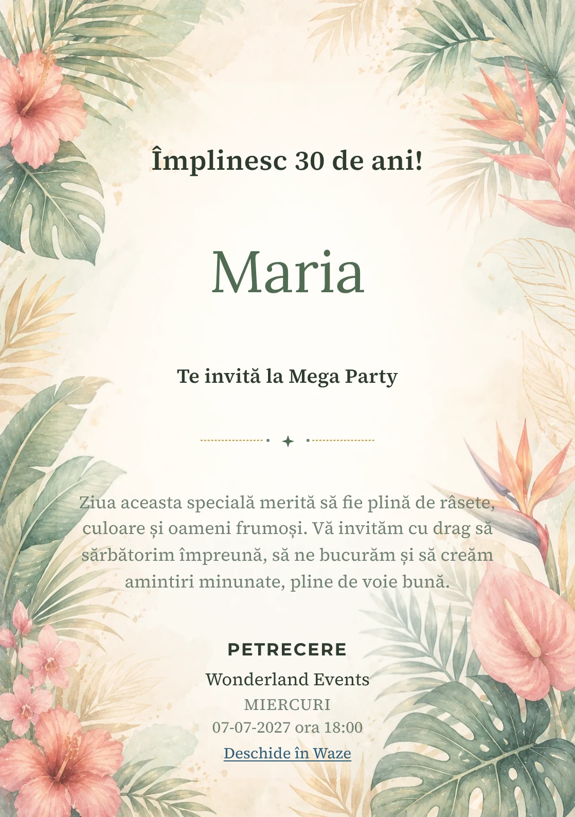 Invitație la ziua de naștere Tropical Chic pentru adulți, cu frunze de palmier, flori exotice și coral stins.
