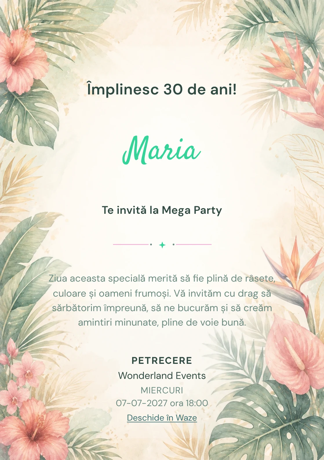 Invitație la ziua de naștere Tropical Chic pentru adulți, cu frunze de palmier, flori exotice și coral stins.
