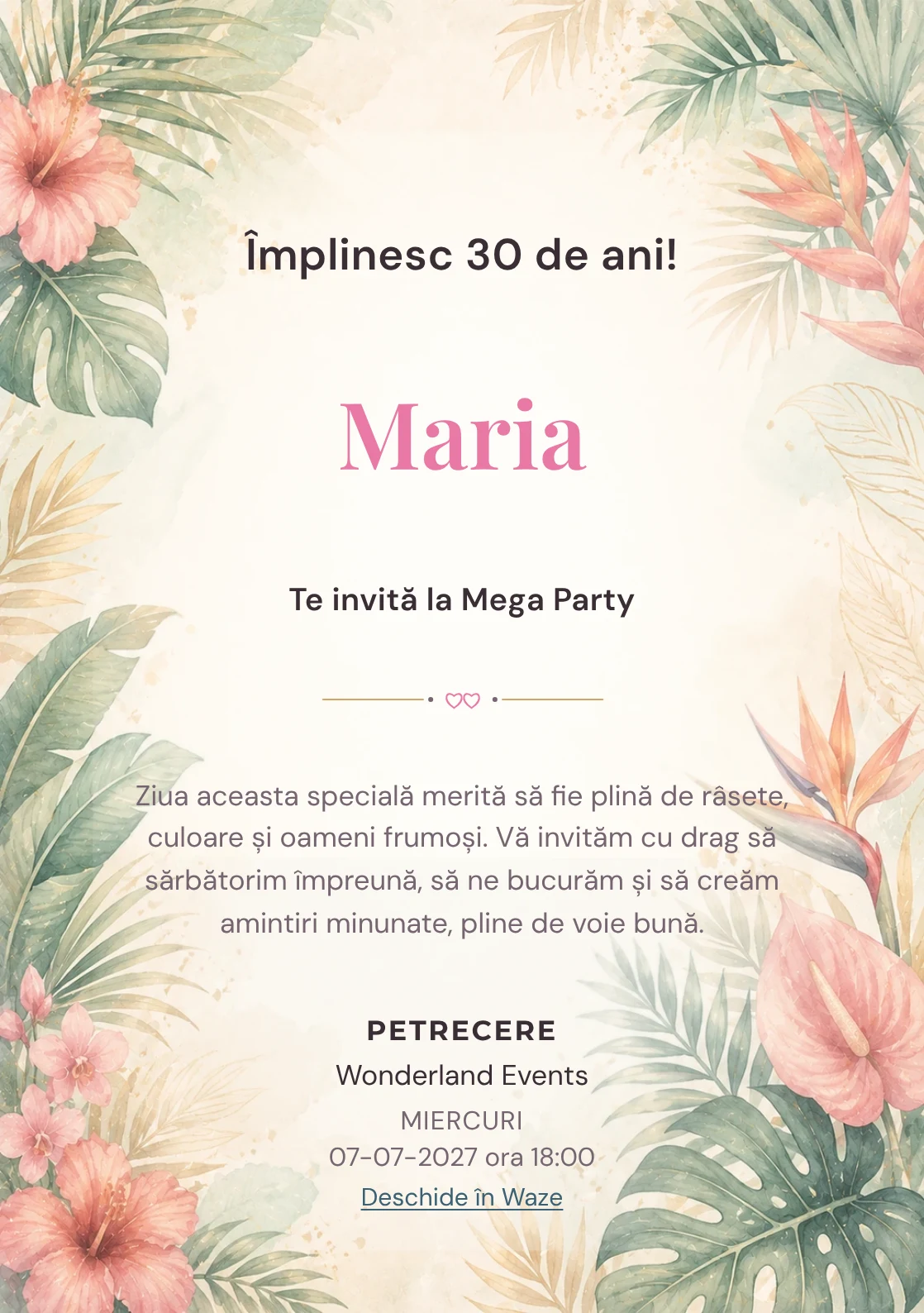 Invitație la ziua de naștere Tropical Chic pentru adulți, cu frunze de palmier, flori exotice și coral stins.