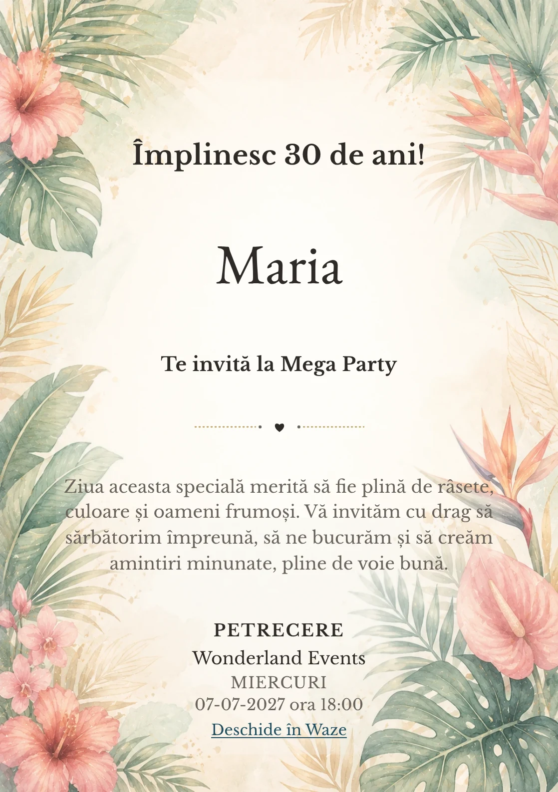 Invitație la ziua de naștere Tropical Chic pentru adulți, cu frunze de palmier, flori exotice și coral stins.