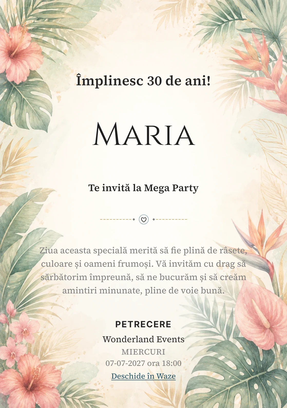 Invitație la ziua de naștere Tropical Chic pentru adulți, cu frunze de palmier, flori exotice și coral stins.