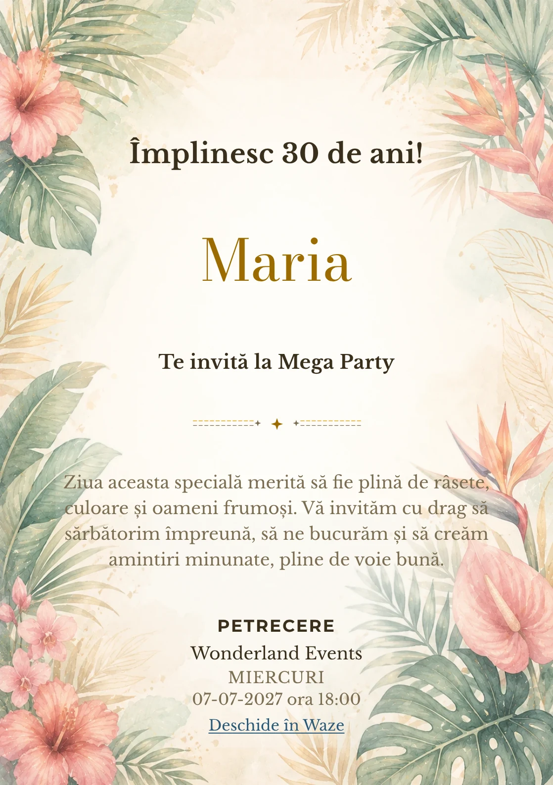 Invitație la ziua de naștere Tropical Chic pentru adulți, cu frunze de palmier, flori exotice și coral stins.