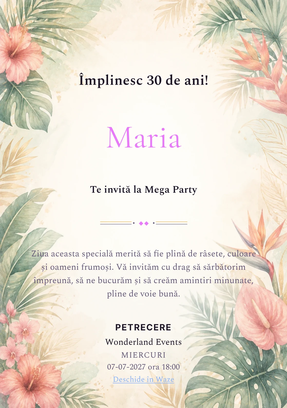 Invitație la ziua de naștere Tropical Chic pentru adulți, cu frunze de palmier, flori exotice și coral stins.