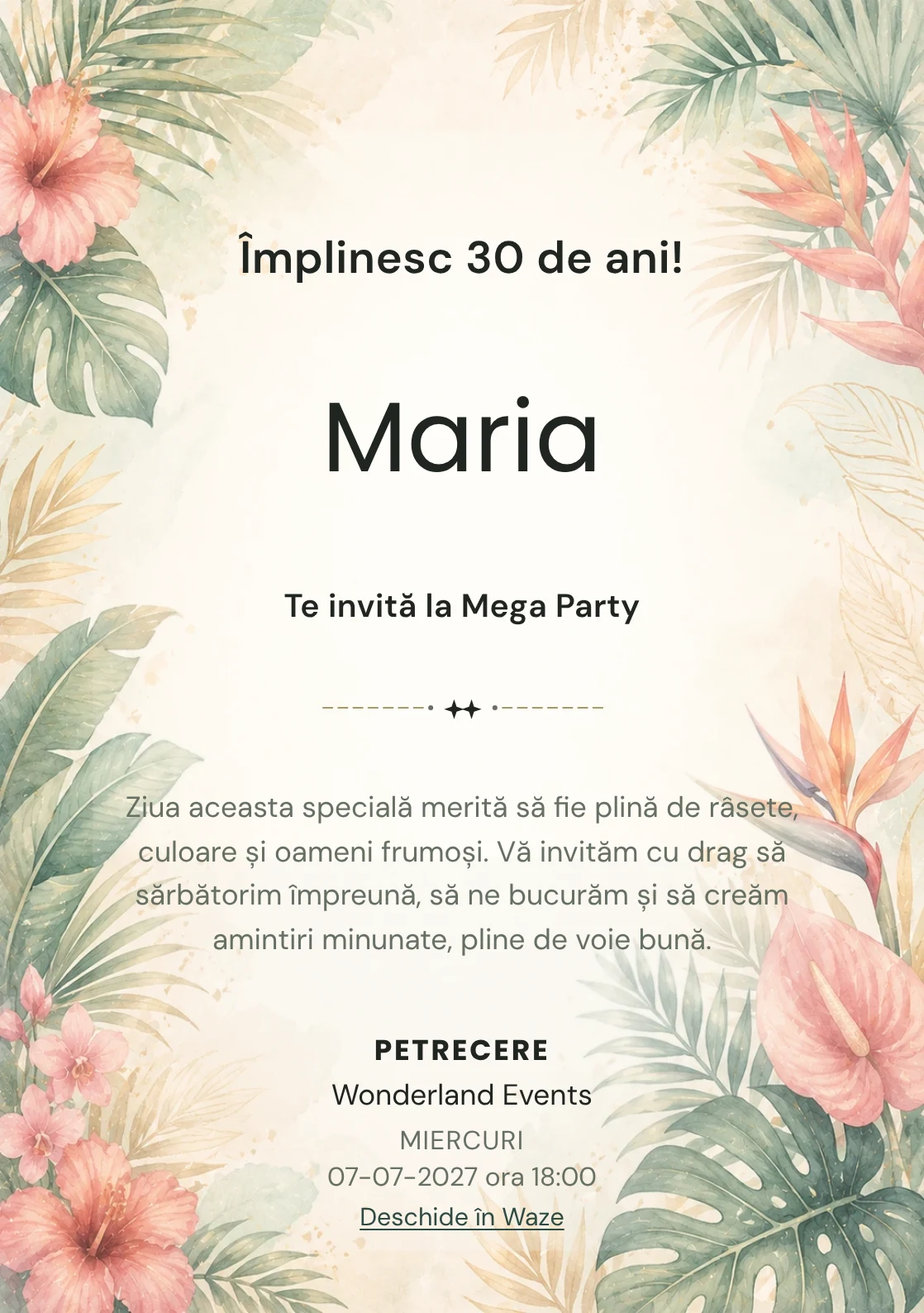 Invitație la ziua de naștere Tropical Chic pentru adulți, cu frunze de palmier, flori exotice și coral stins.