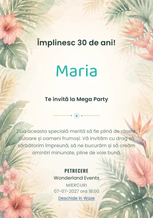 Invitație la ziua de naștere Tropical Chic pentru adulți, cu frunze de palmier, flori exotice și coral stins.