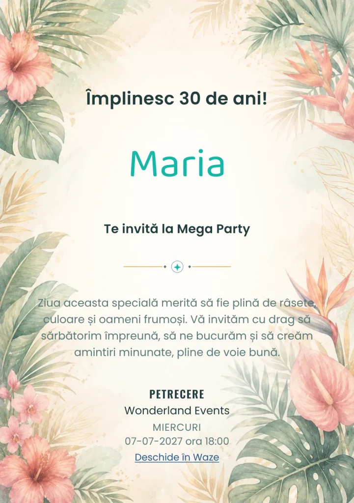 Invitație la ziua de naștere Tropical Chic pentru adulți, cu frunze de palmier, flori exotice și coral stins.
