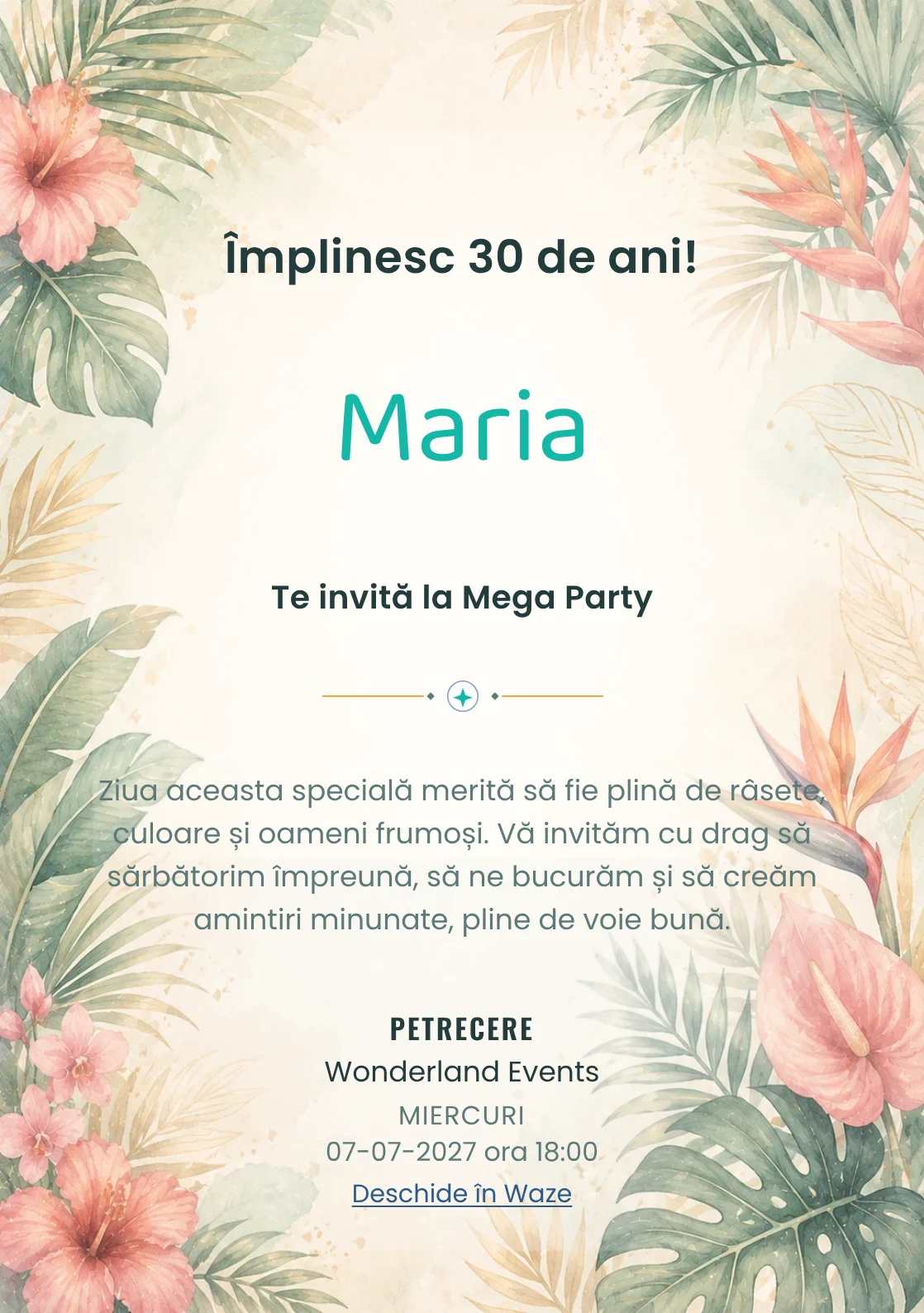 Invitație la ziua de naștere Tropical Chic pentru adulți, cu frunze de palmier, flori exotice și coral stins.