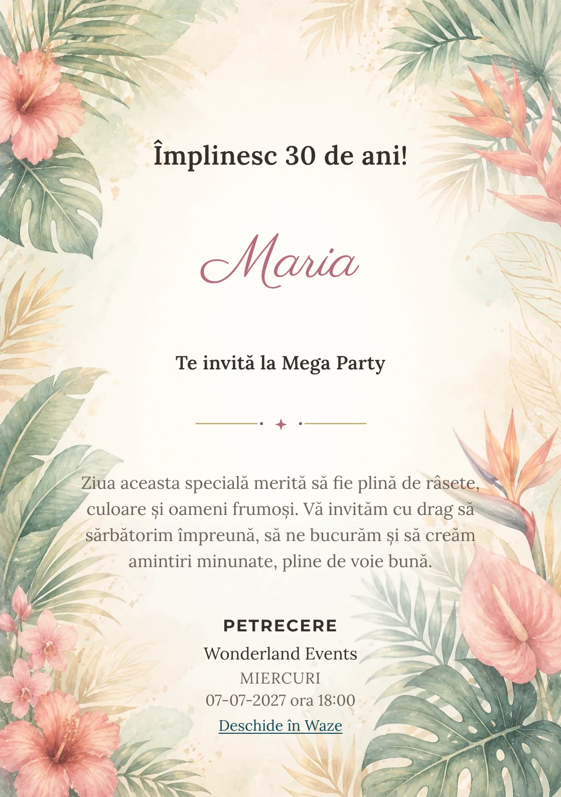 Invitație la ziua de naștere Tropical Chic pentru adulți, cu frunze de palmier, flori exotice și coral stins.