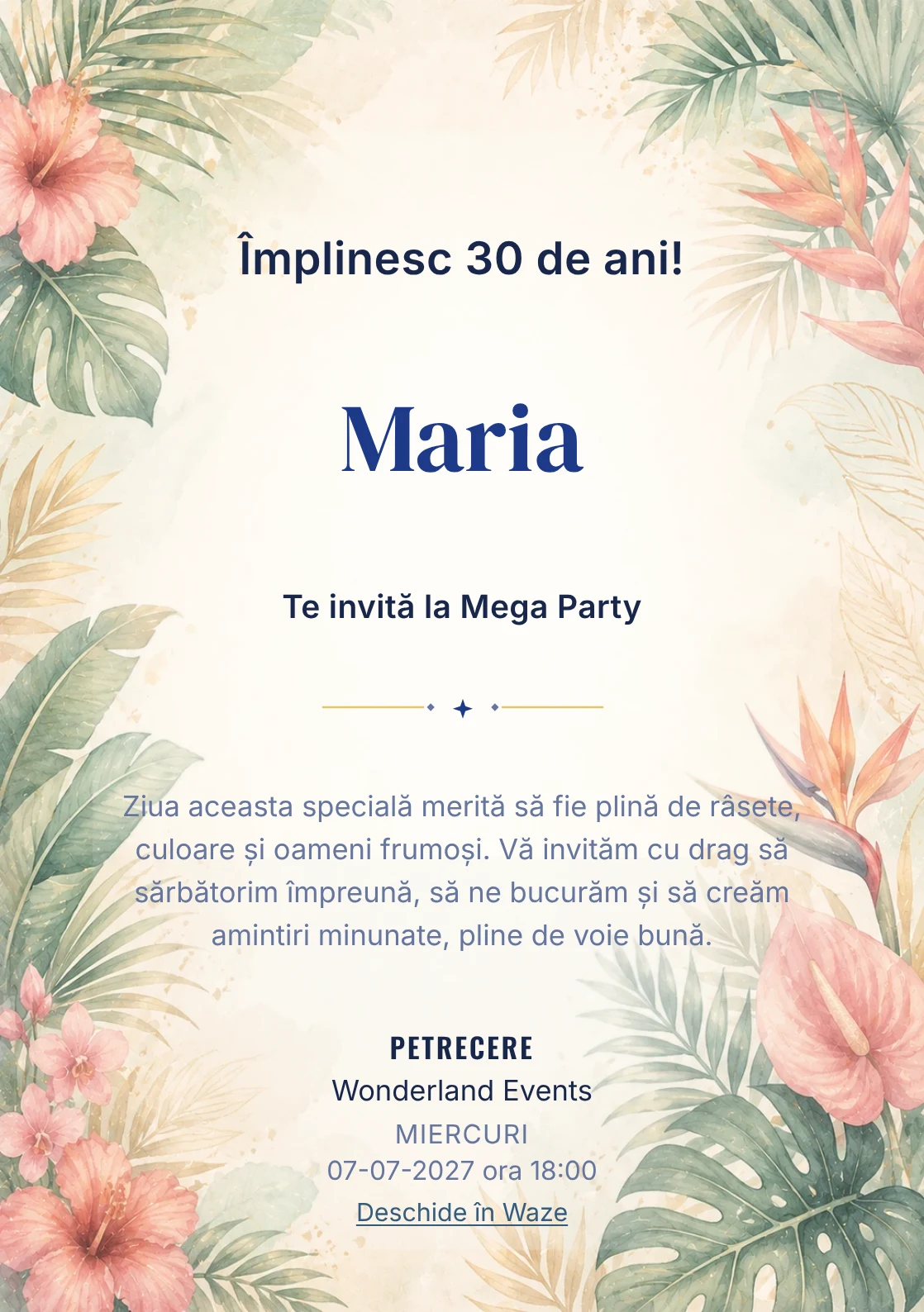 Invitație la ziua de naștere Tropical Chic pentru adulți, cu frunze de palmier, flori exotice și coral stins.