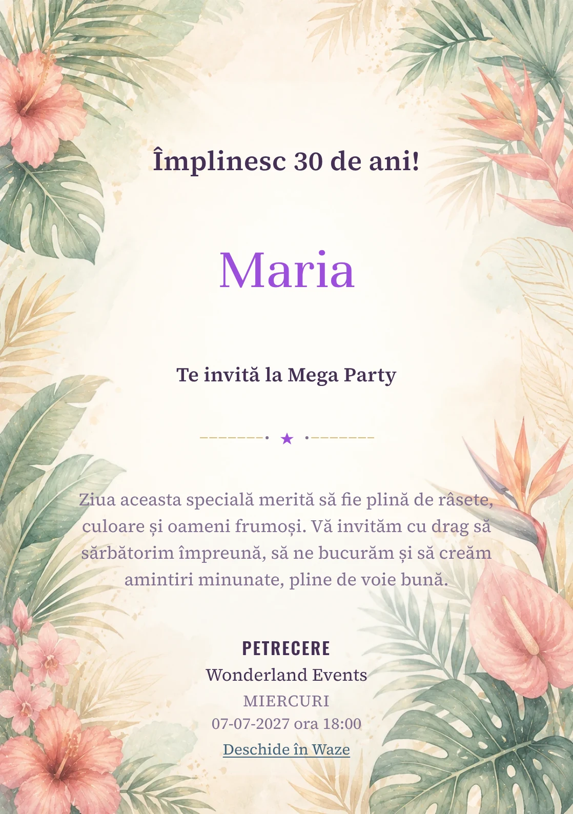 Invitație la ziua de naștere Tropical Chic pentru adulți, cu frunze de palmier, flori exotice și coral stins.