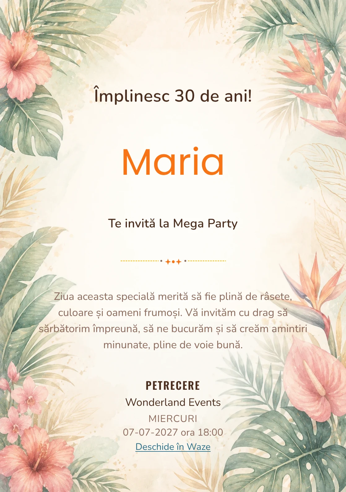 Invitație la ziua de naștere Tropical Chic pentru adulți, cu frunze de palmier, flori exotice și coral stins.