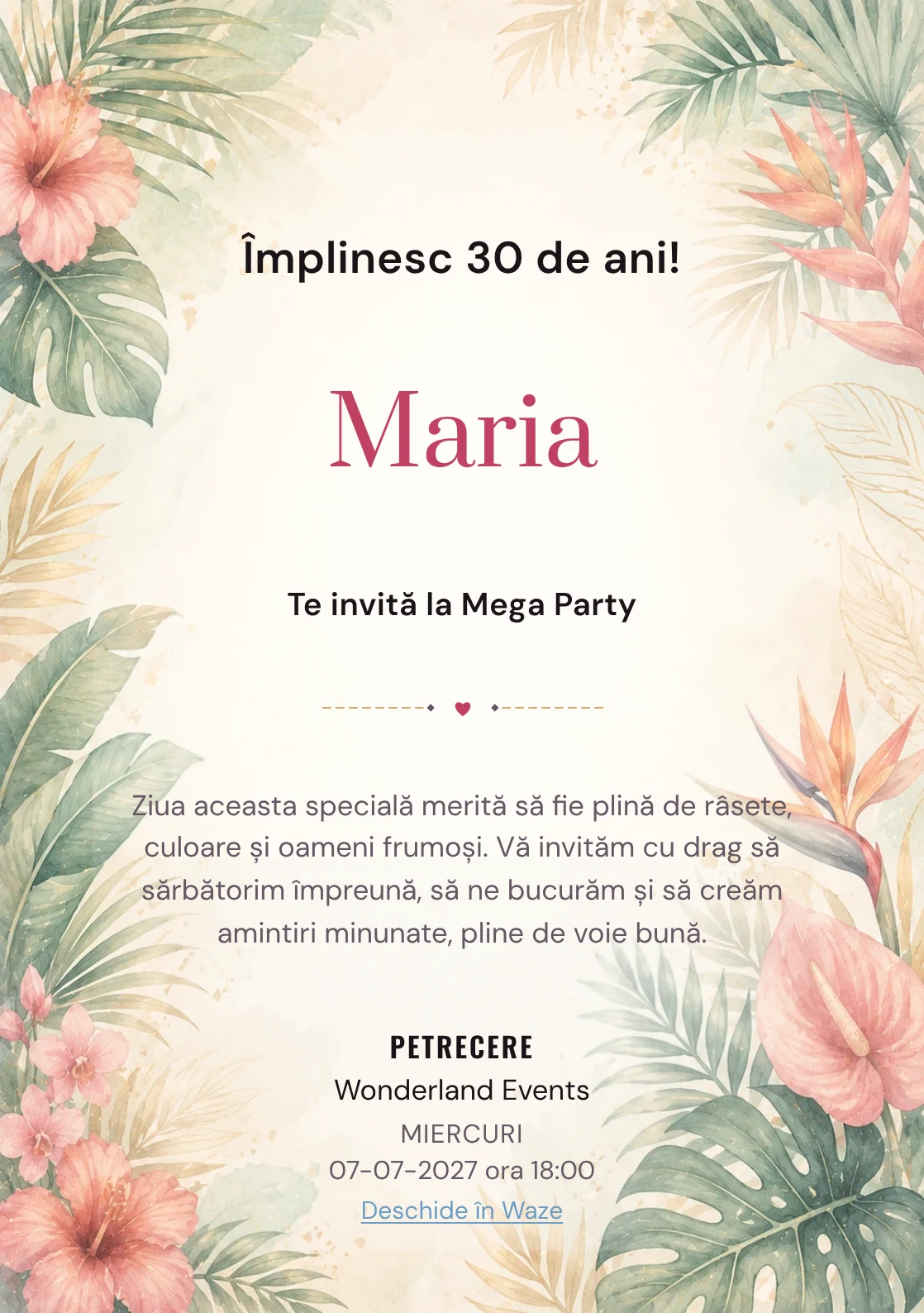 Invitație la ziua de naștere Tropical Chic pentru adulți, cu frunze de palmier, flori exotice și coral stins.