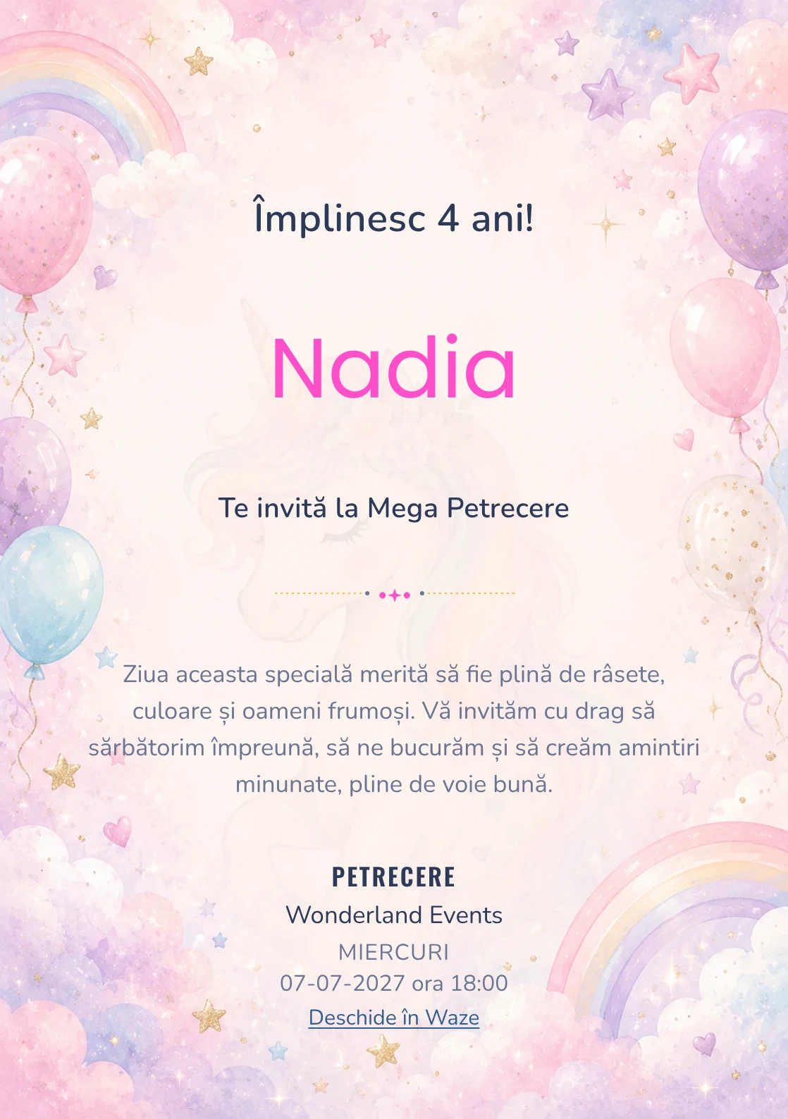 Invitație unicorn pentru ziua de naștere a copiilor, modelul Unicorn Magic, cu un unicorn delicat, curcubeu pal și nori pastel.
