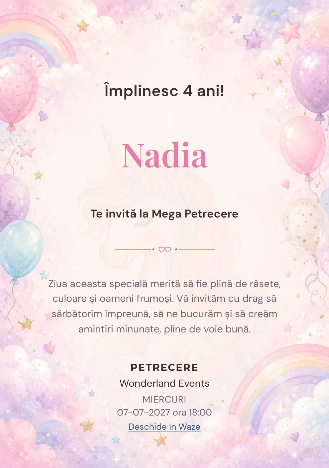 Invitație unicorn pentru ziua de naștere a copiilor, modelul Unicorn Magic, cu un unicorn delicat, curcubeu pal și nori pastel.