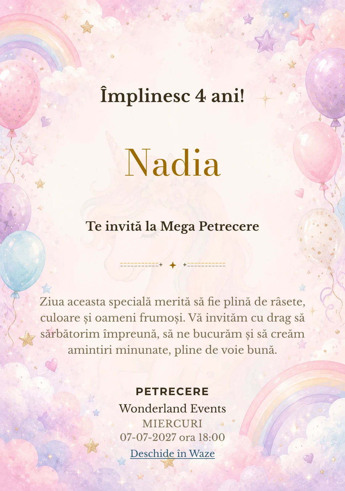 Invitație unicorn pentru ziua de naștere a copiilor, modelul Unicorn Magic, cu un unicorn delicat, curcubeu pal și nori pastel.