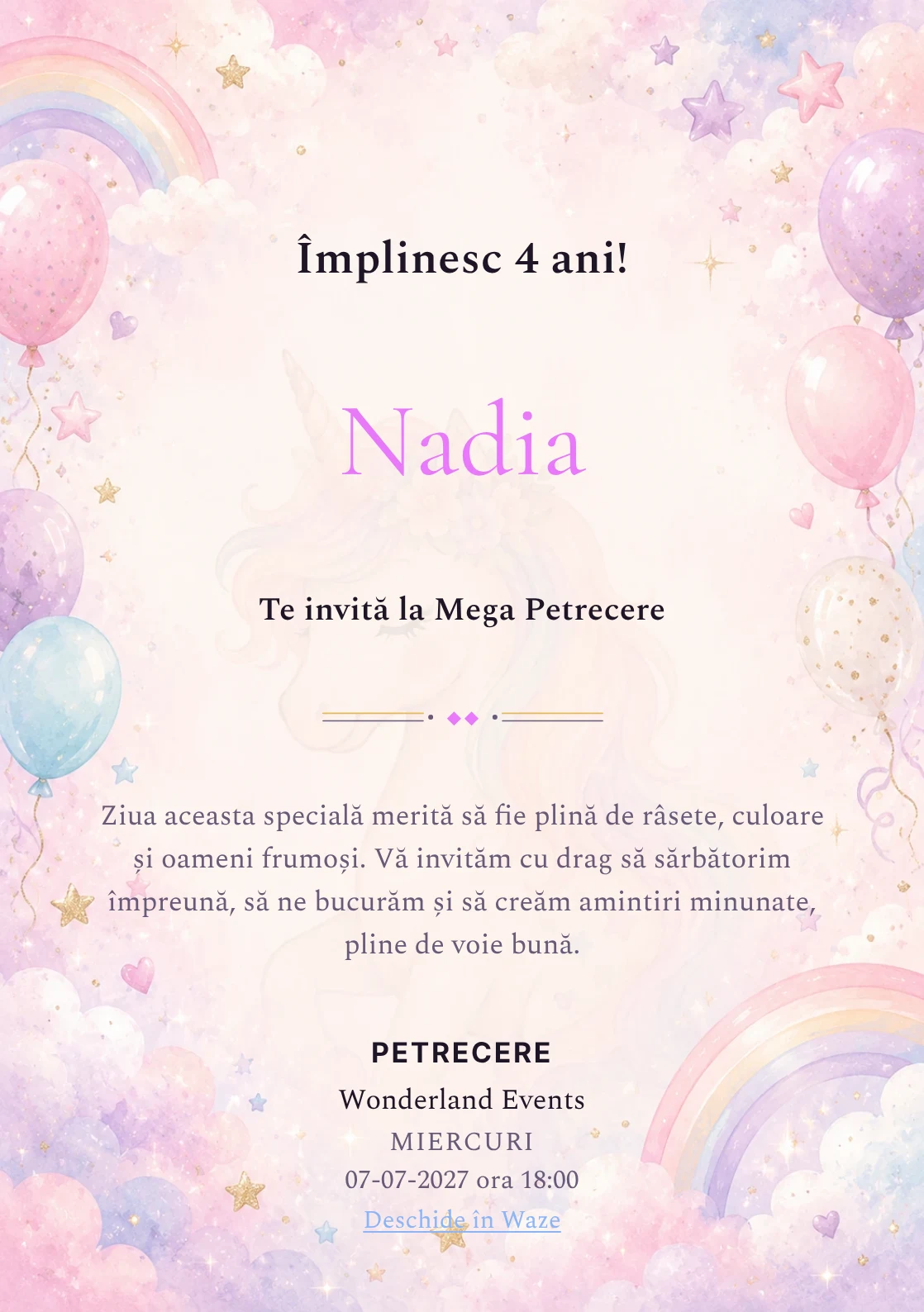 Invitație unicorn pentru ziua de naștere a copiilor, modelul Unicorn Magic, cu un unicorn delicat, curcubeu pal și nori pastel.