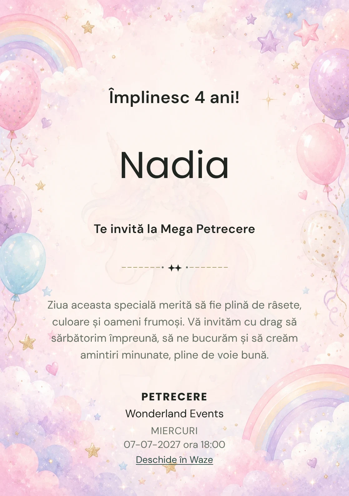 Invitație unicorn pentru ziua de naștere a copiilor, modelul Unicorn Magic, cu un unicorn delicat, curcubeu pal și nori pastel.