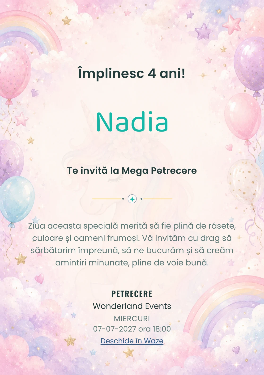 Invitație unicorn pentru ziua de naștere a copiilor, modelul Unicorn Magic, cu un unicorn delicat, curcubeu pal și nori pastel.