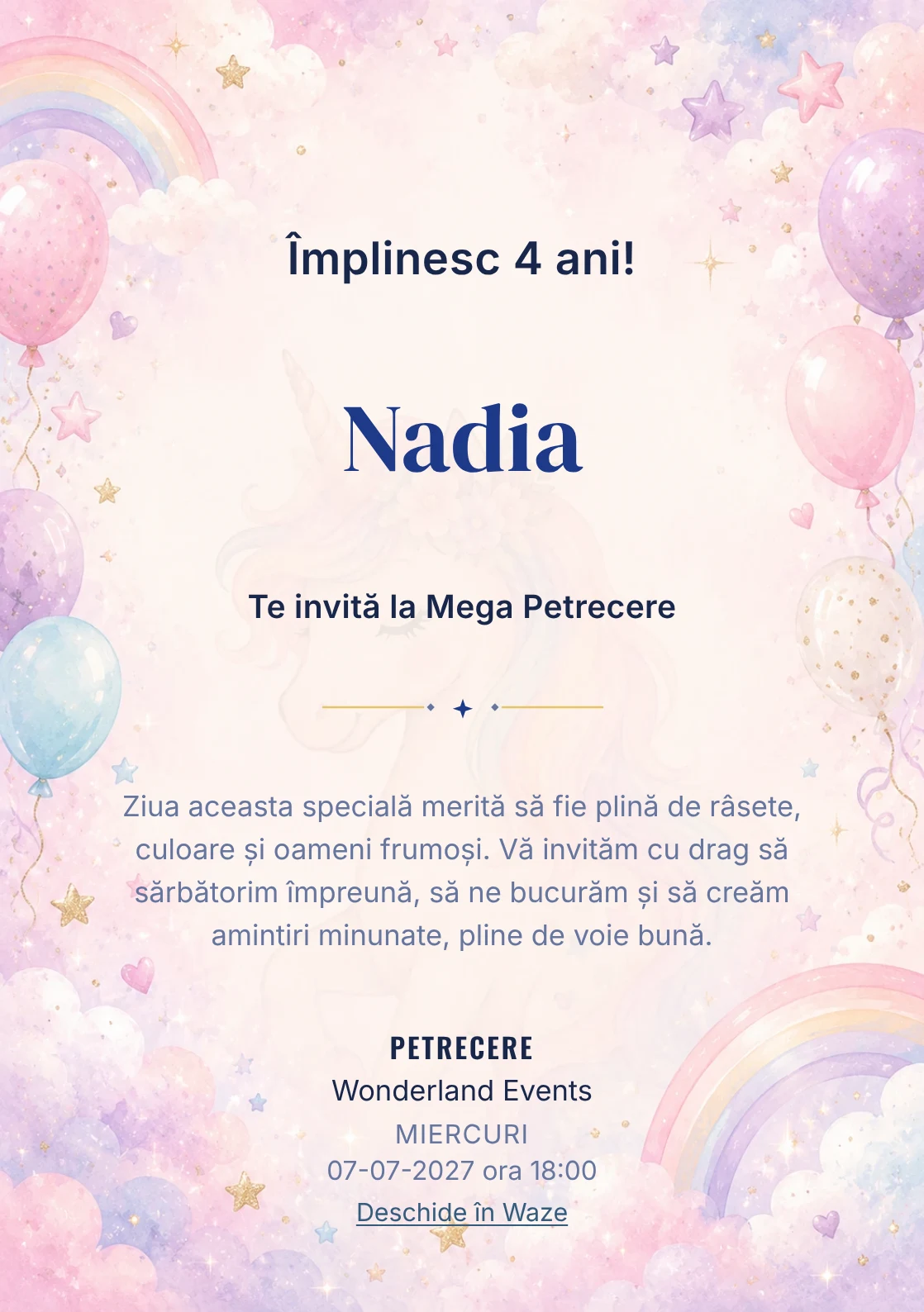 Invitație unicorn pentru ziua de naștere a copiilor, modelul Unicorn Magic, cu un unicorn delicat, curcubeu pal și nori pastel.