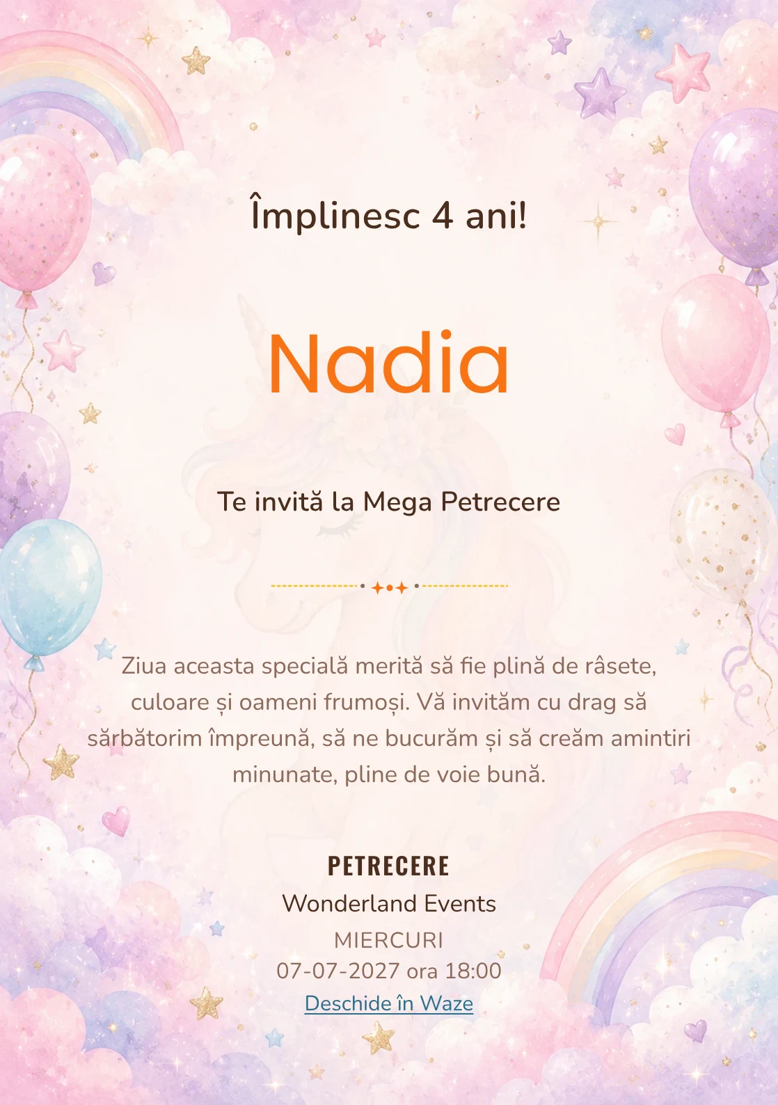 Invitație unicorn pentru ziua de naștere a copiilor, modelul Unicorn Magic, cu un unicorn delicat, curcubeu pal și nori pastel.