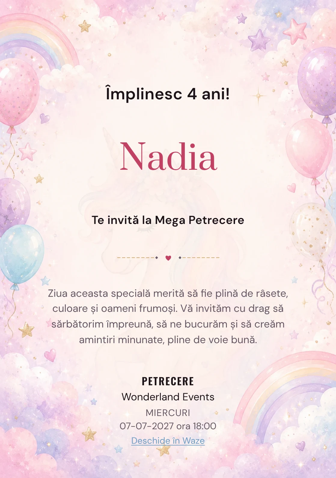 Invitație unicorn pentru ziua de naștere a copiilor, modelul Unicorn Magic, cu un unicorn delicat, curcubeu pal și nori pastel.