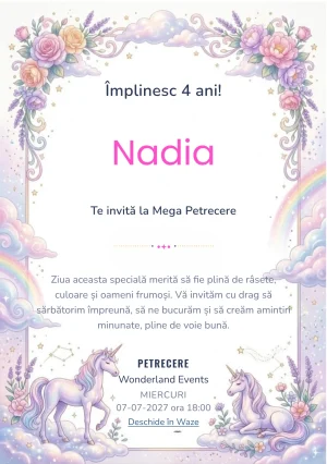 Invitație cu unicorni pentru ziua de naștere a copiilor, modelul Unicorni Fantastici – Tărâmul Pastel, cu unicorni, flori pastel, curcubeu și elemente de poveste.