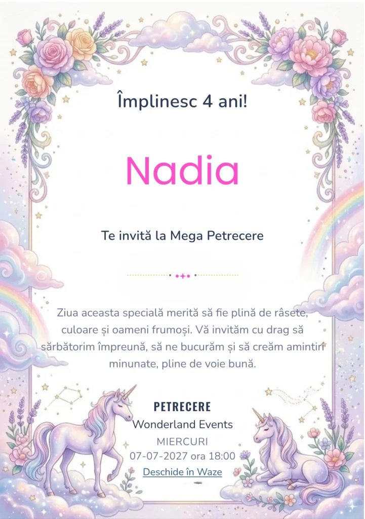 Invitație cu unicorni pentru ziua de naștere a copiilor, modelul Unicorni Fantastici – Tărâmul Pastel, cu unicorni, flori pastel, curcubeu și elemente de poveste.