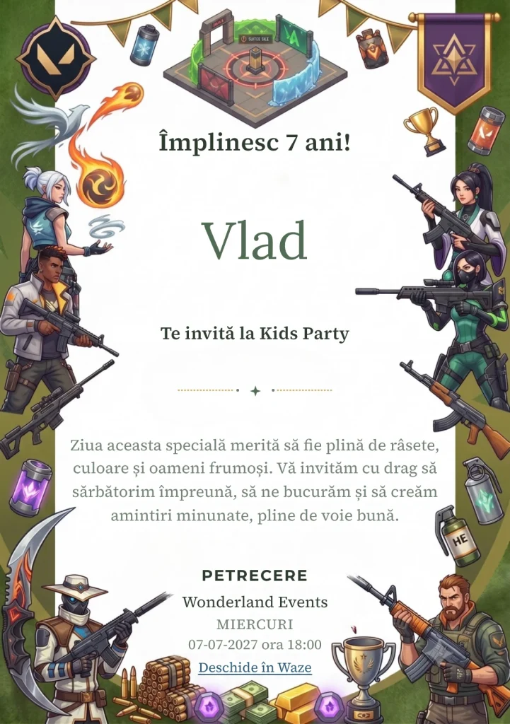 Invitație la zi de naștere Valorant – Arena Agenților pentru copii, cu agenți tactici, arme, simboluri de joc și elemente de arenă competitivă.