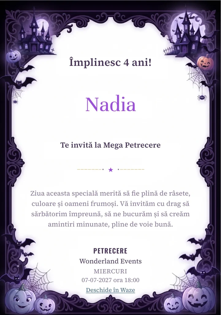 Invitație la ziua de naștere Vampirina – Petrecerea Micuței Vampirițe pentru copii, cu un castel nocturn, lilieci, dovleci și personaj vampiriță.