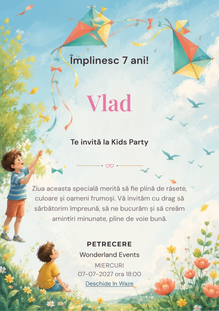 Modelul Vara cu Zmeie, invitație de zi de naștere pentru copii, prezintă doi copii discreți și zmeie geometrice.
