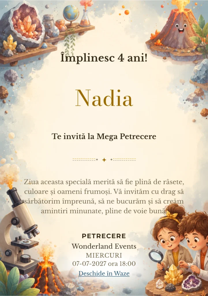 Invitație la zi de naștere Vulcanul Curios pentru copii, cu doi copii observând cristale și roci.