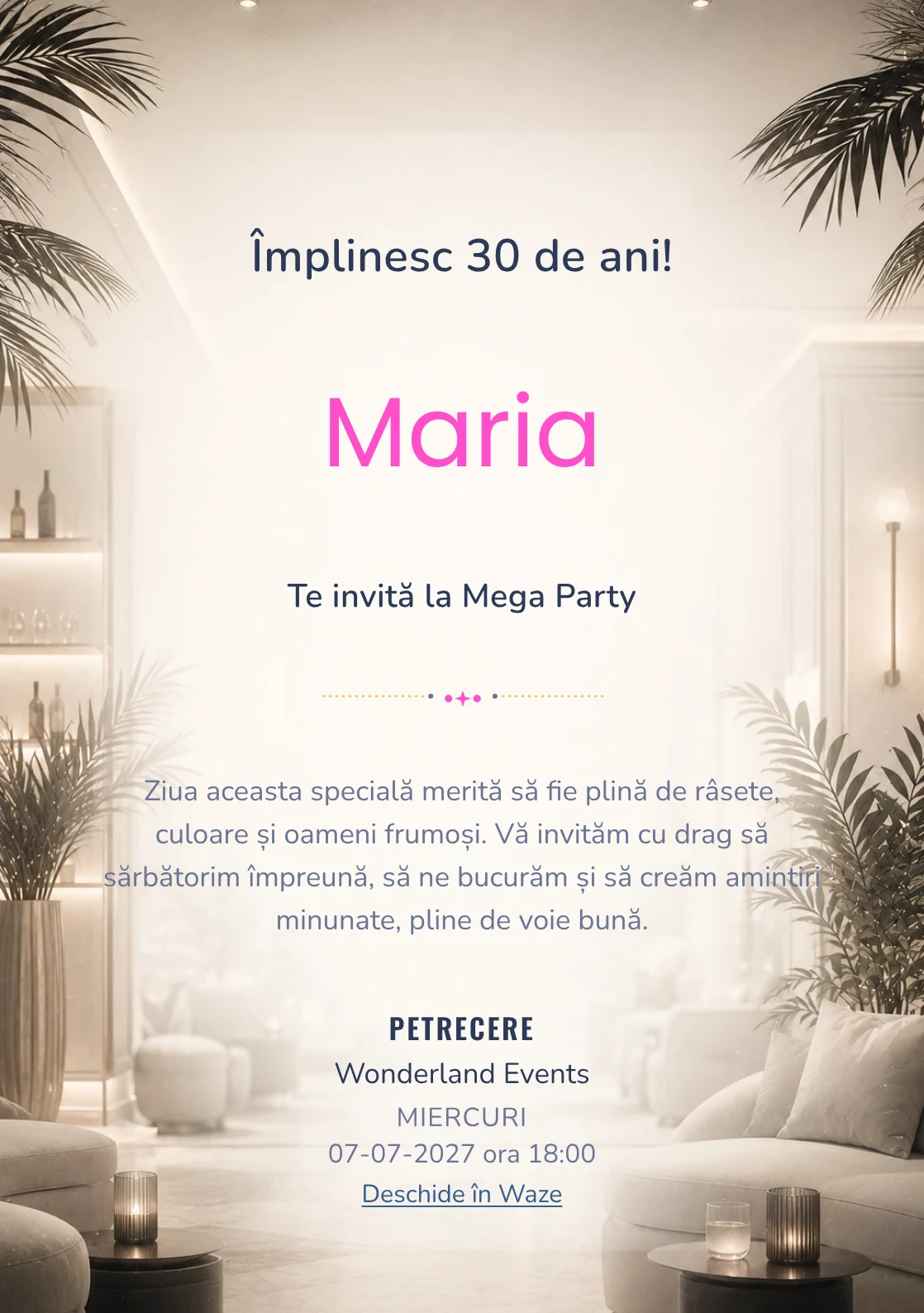 Modelul White Lounge, invitație de zi de naștere pentru adulți, prezintă interior lounge estompat, alb cald și accente negre fine.