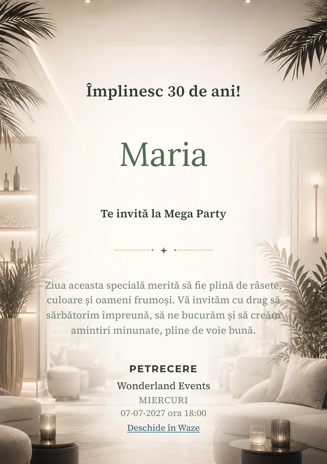 Modelul White Lounge, invitație de zi de naștere pentru adulți, prezintă interior lounge estompat, alb cald și accente negre fine.