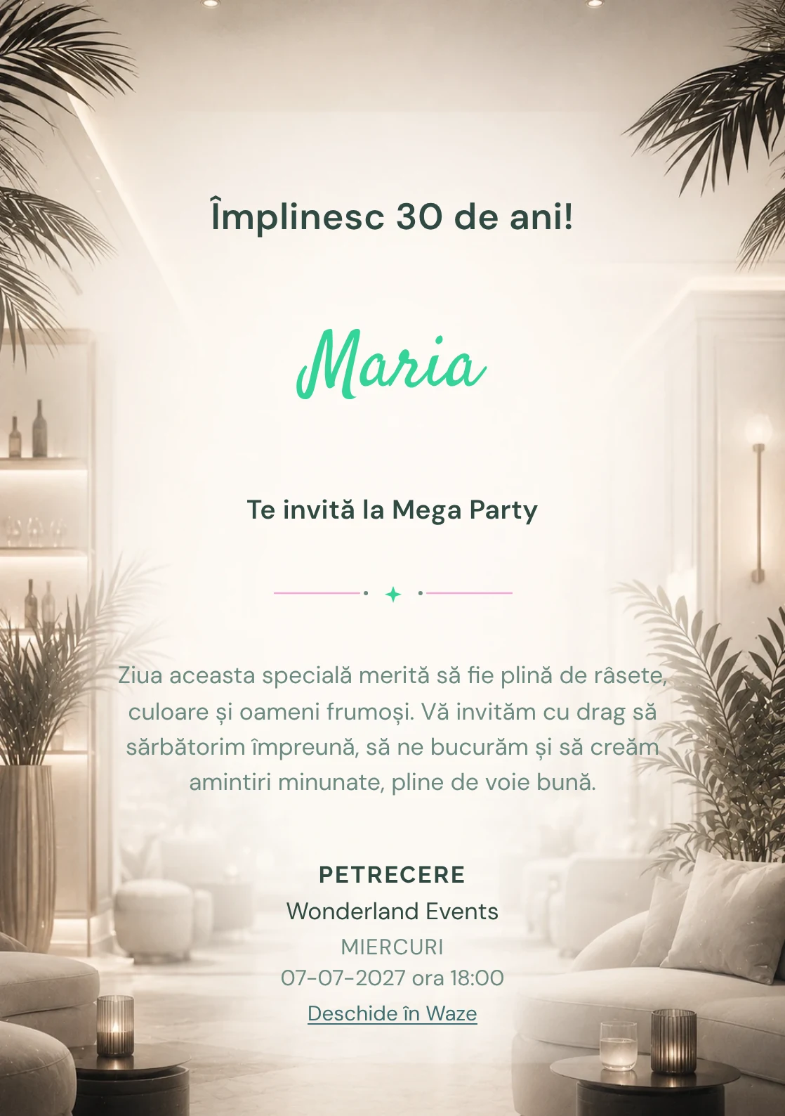 Modelul White Lounge, invitație de zi de naștere pentru adulți, prezintă interior lounge estompat, alb cald și accente negre fine.