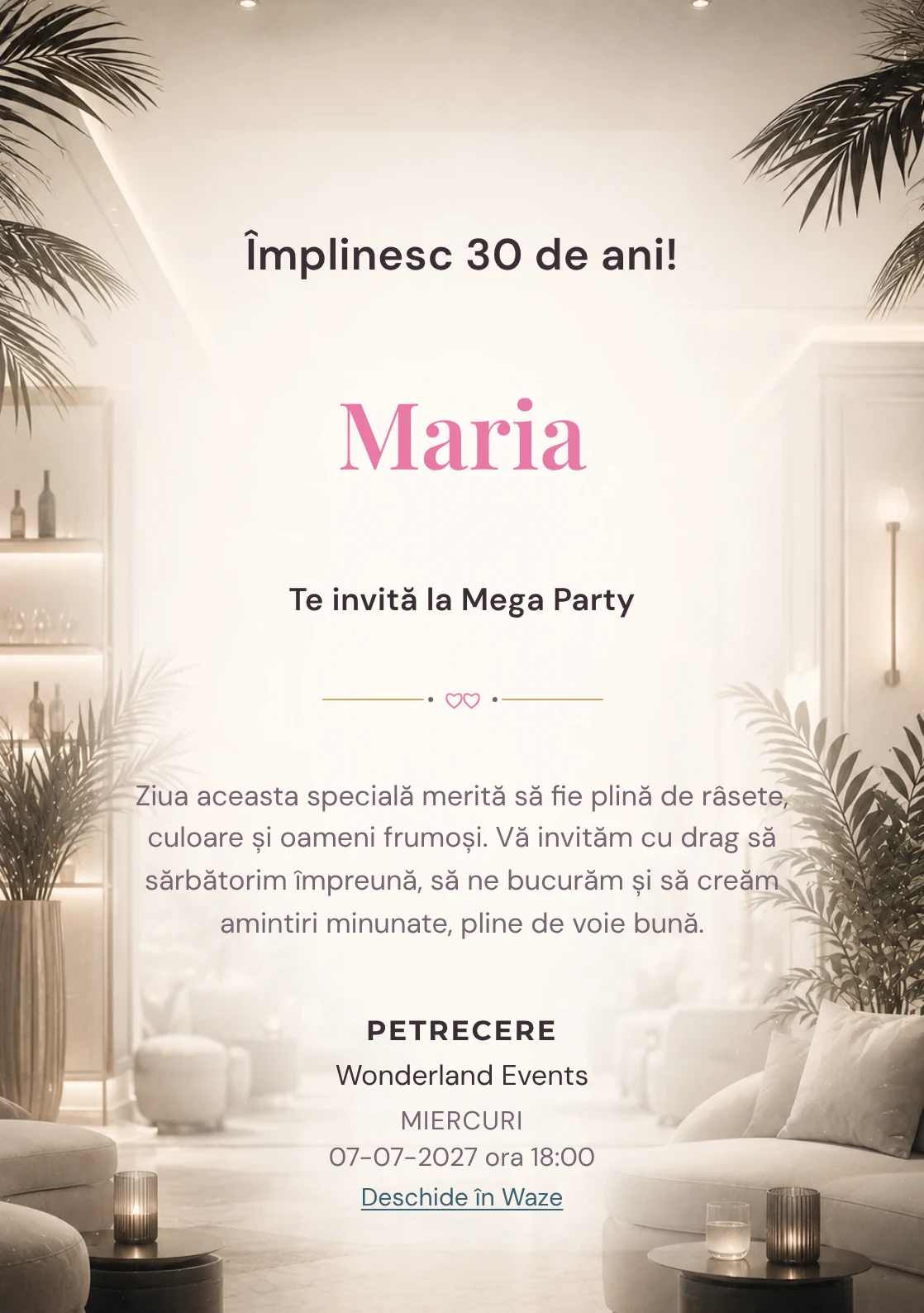 Modelul White Lounge, invitație de zi de naștere pentru adulți, prezintă interior lounge estompat, alb cald și accente negre fine.