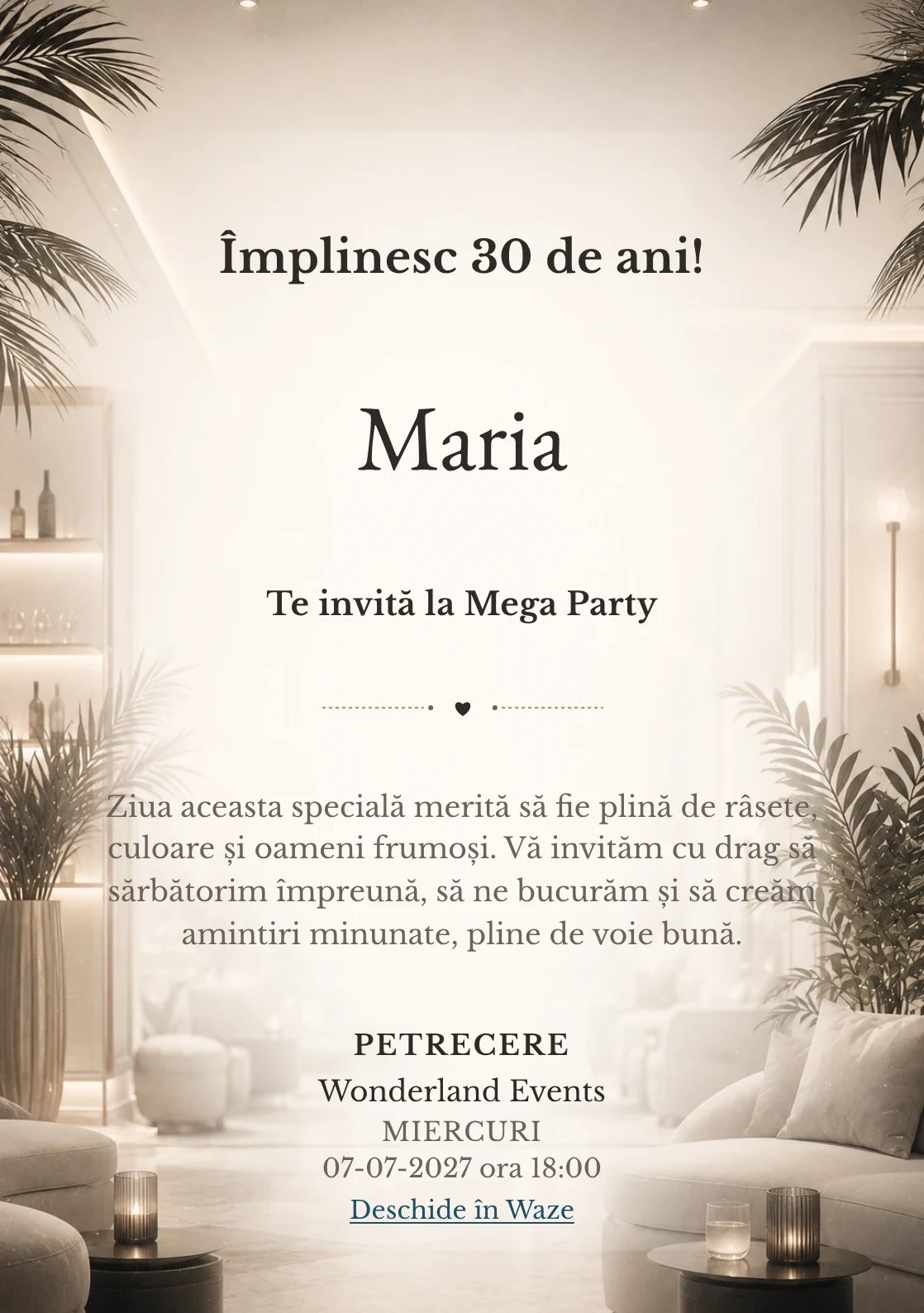 Modelul White Lounge, invitație de zi de naștere pentru adulți, prezintă interior lounge estompat, alb cald și accente negre fine.