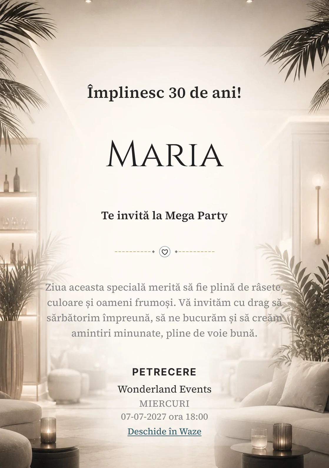 Modelul White Lounge, invitație de zi de naștere pentru adulți, prezintă interior lounge estompat, alb cald și accente negre fine.