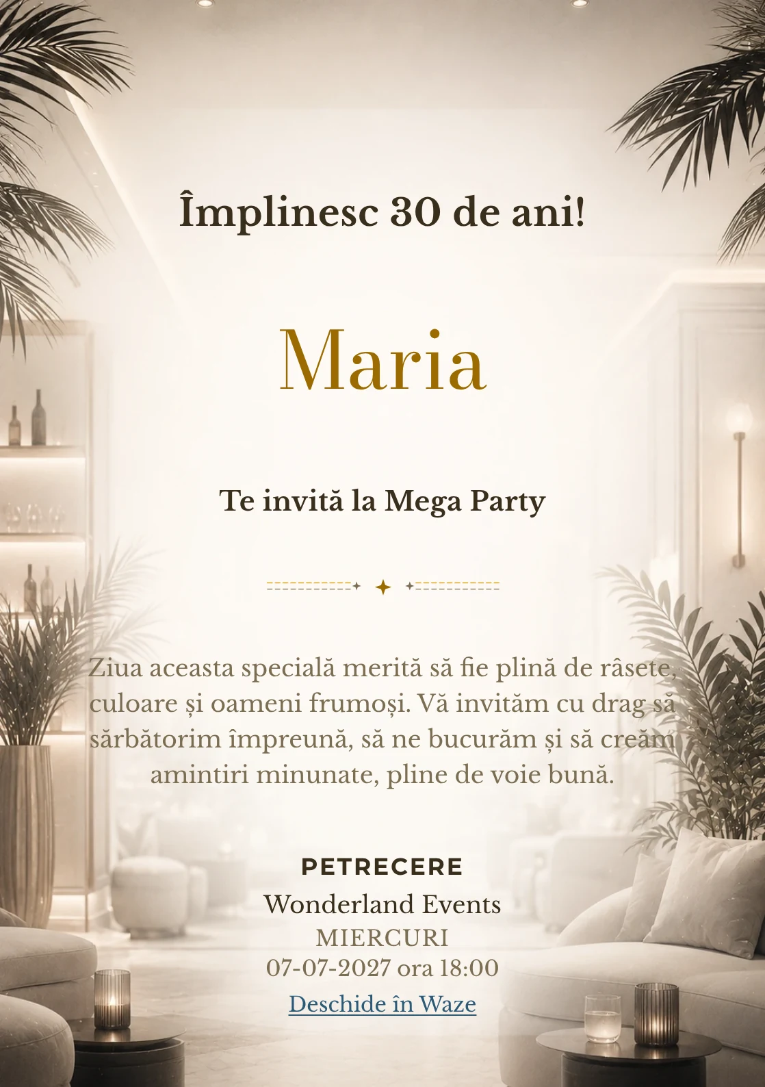 Modelul White Lounge, invitație de zi de naștere pentru adulți, prezintă interior lounge estompat, alb cald și accente negre fine.