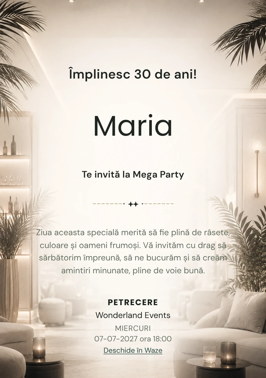 Modelul White Lounge, invitație de zi de naștere pentru adulți, prezintă interior lounge estompat, alb cald și accente negre fine.
