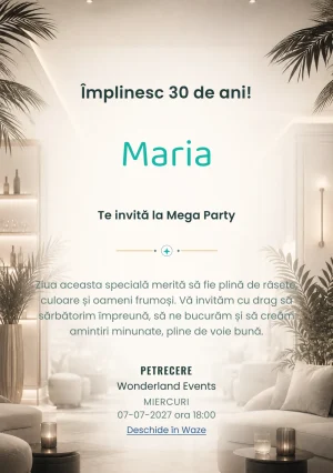 Modelul White Lounge, invitație de zi de naștere pentru adulți, prezintă interior lounge estompat, alb cald și accente negre fine.