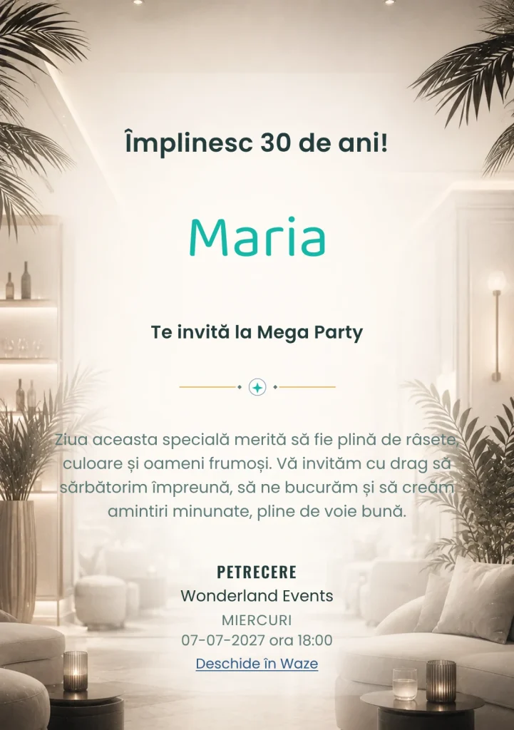 Modelul White Lounge, invitație de zi de naștere pentru adulți, prezintă interior lounge estompat, alb cald și accente negre fine.