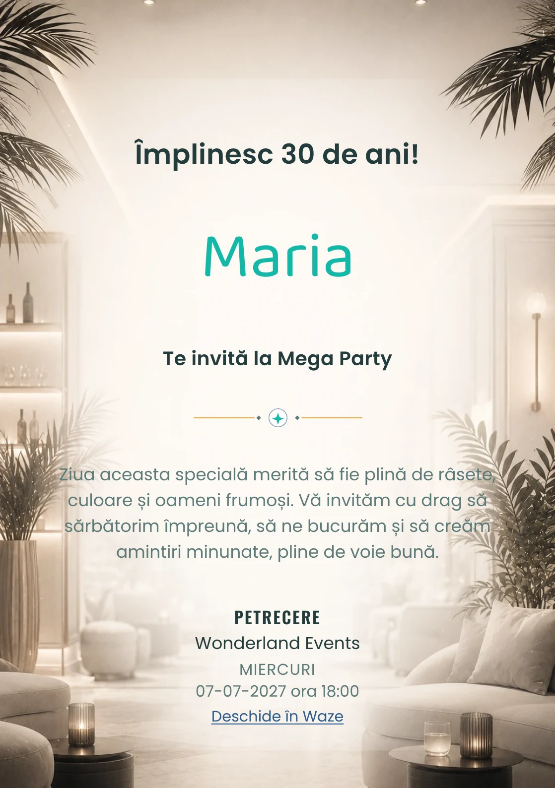 Modelul White Lounge, invitație de zi de naștere pentru adulți, prezintă interior lounge estompat, alb cald și accente negre fine.