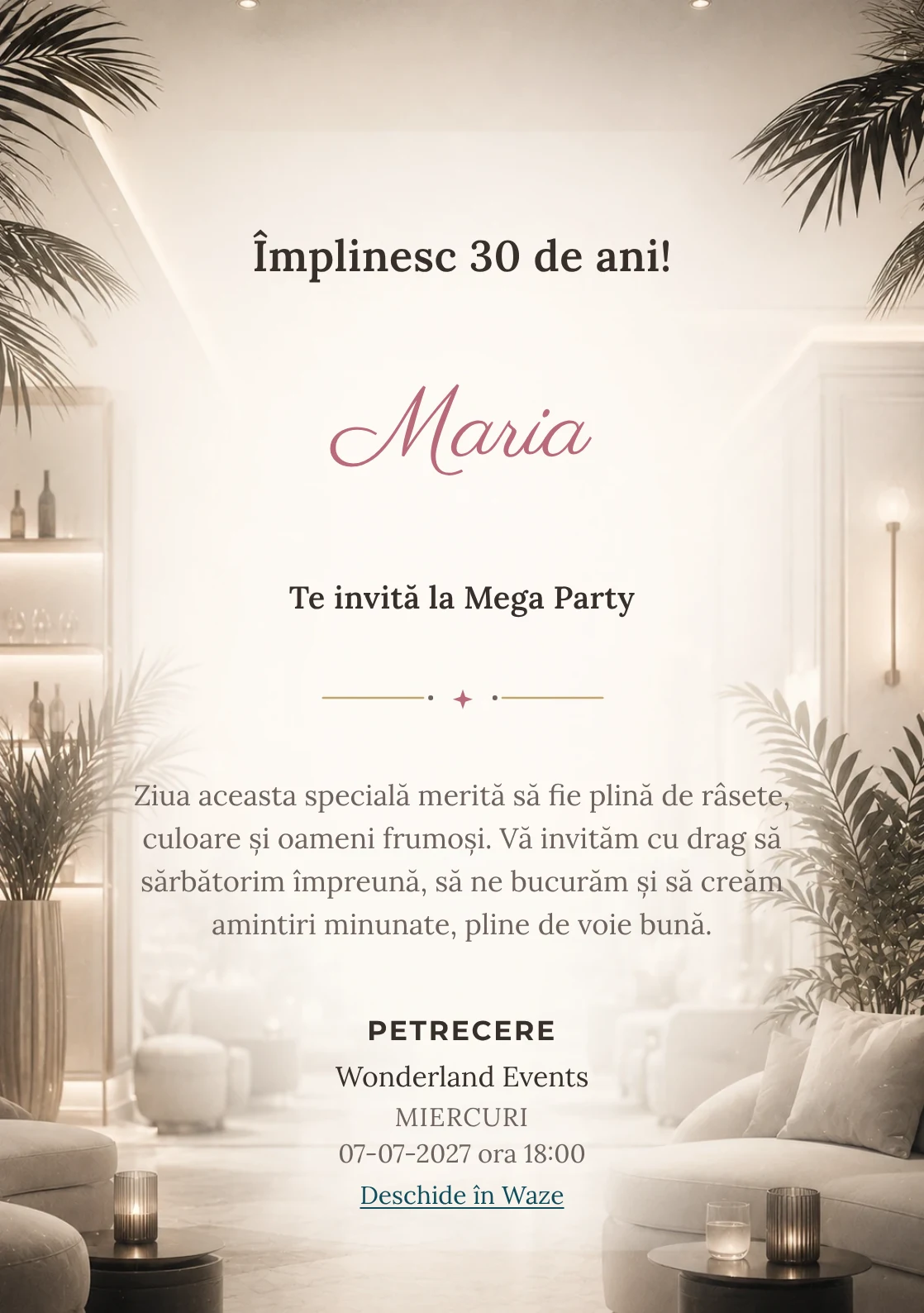 Modelul White Lounge, invitație de zi de naștere pentru adulți, prezintă interior lounge estompat, alb cald și accente negre fine.